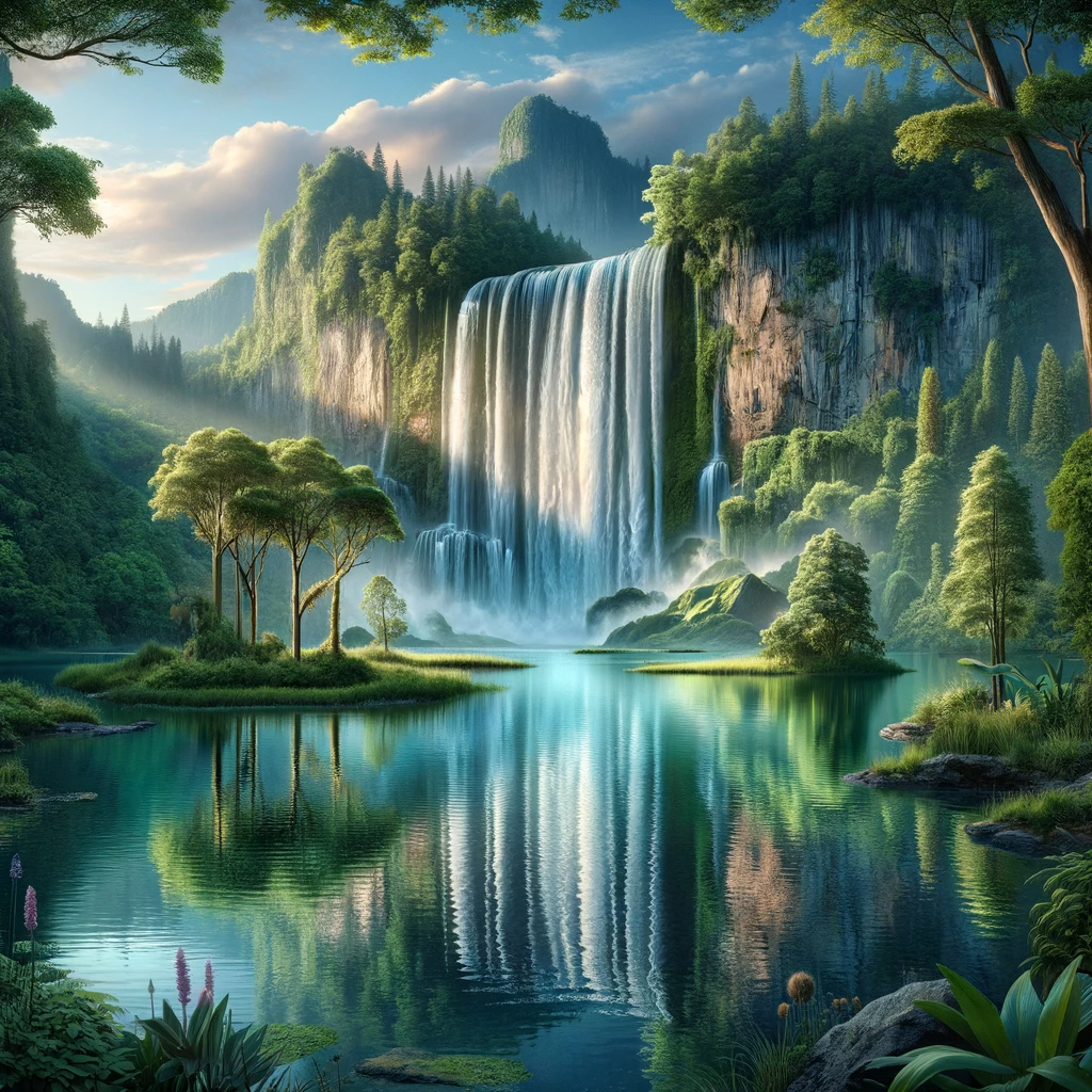 DALL·E 2023-11-25 00.38.49 - A highly realistic photo-like illustration of a stunning natural scene featuring a waterfall and a lake. The waterfall is depicted as grand and majest.png