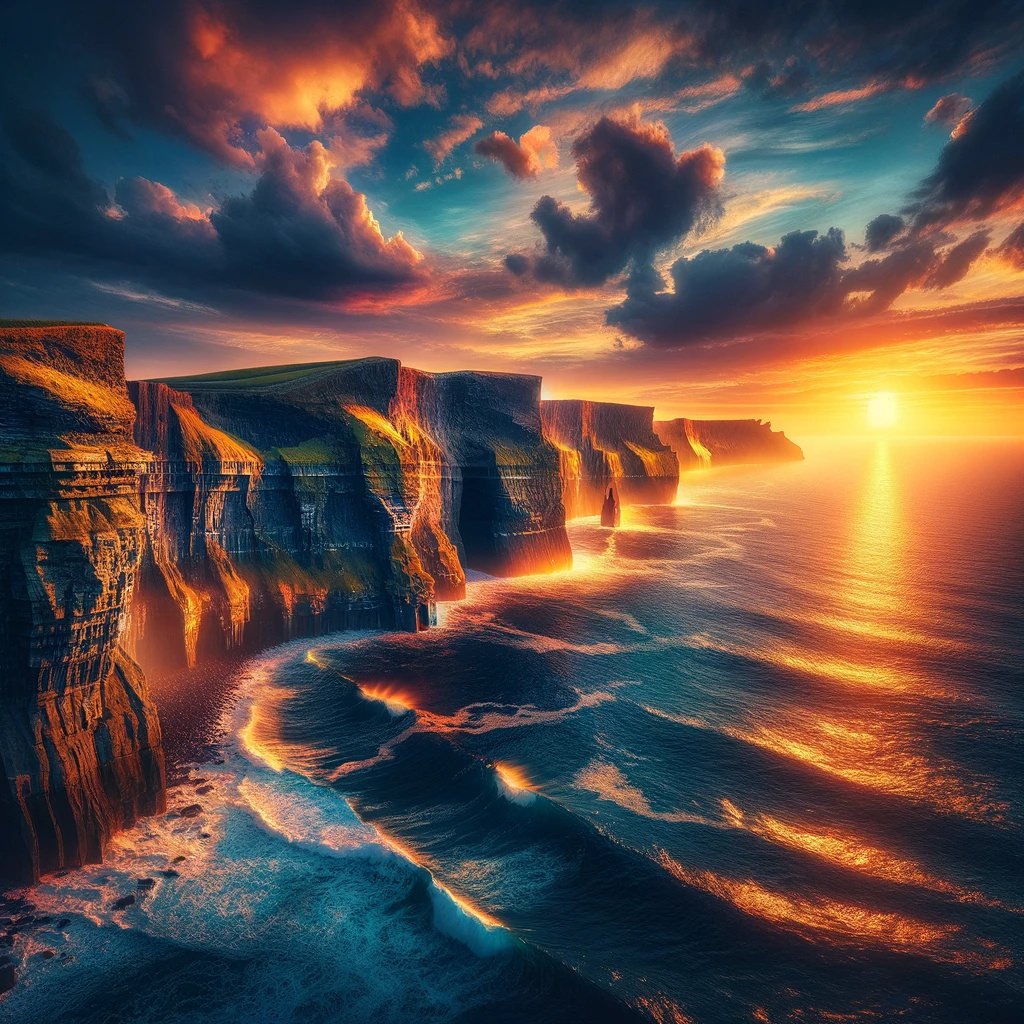 DALL·E 2023-11-25 00.45.47 - A highly realistic photo-like epic illustration of a sunset near the Cliffs of Moher. The image captures the dramatic and awe-inspiring beauty of the .png