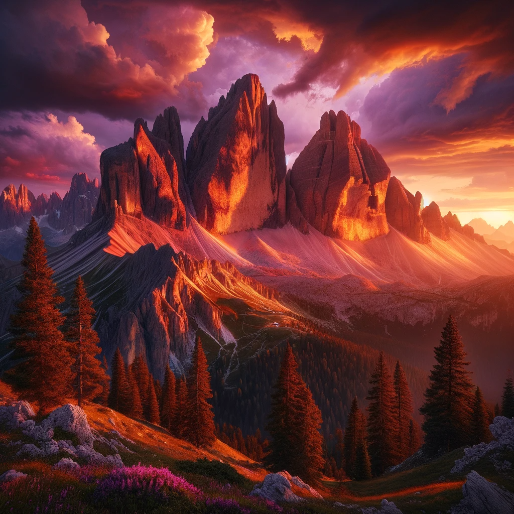 DALL·E 2023-11-25 00.36.31 - A highly detailed and ultra-realistic photo-like epic illustration of the Dolomites at sunset, enhancing the realism even further. The image should ca.png