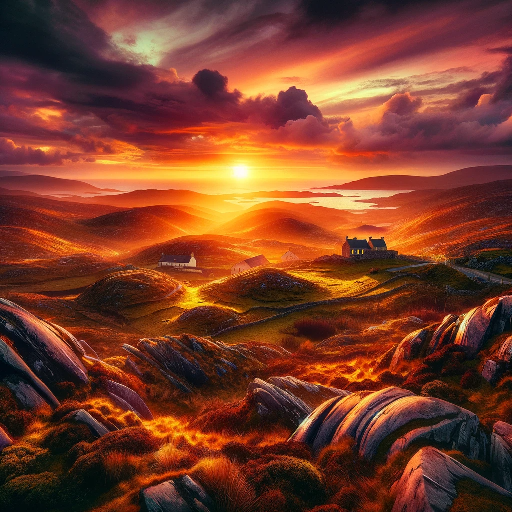 DALL·E 2023-11-25 00.36.37 - A breathtaking and epic illustration of a Connemara landscape at sunset. The scene captures the rugged and wild beauty of Connemara, with its rolling .png