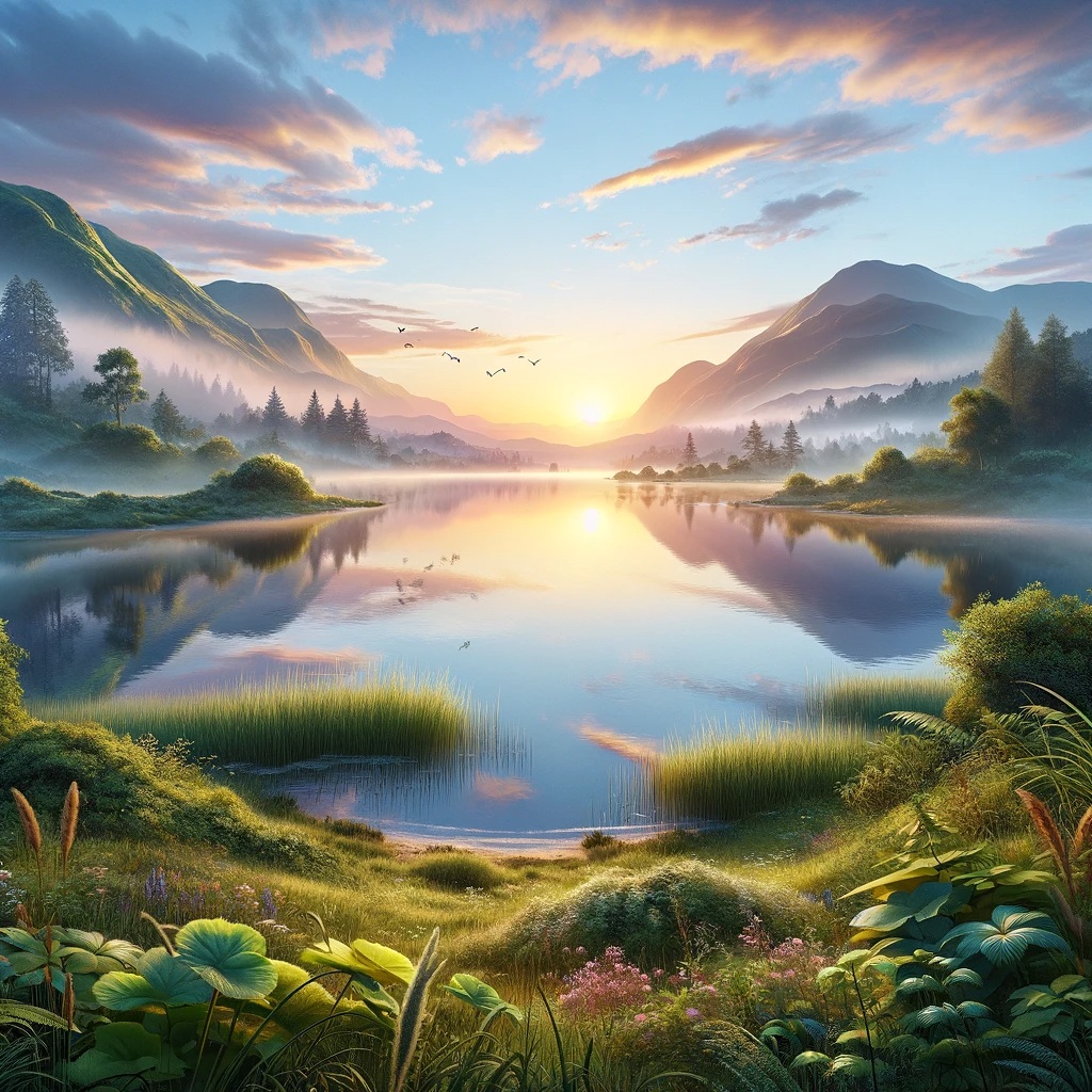 DALL·E 2023-11-25 00.36.40 - A highly realistic photo-like illustration of a serene lakeside at sunrise. The scene should be so detailed and lifelike that it's indistinguishable f.png