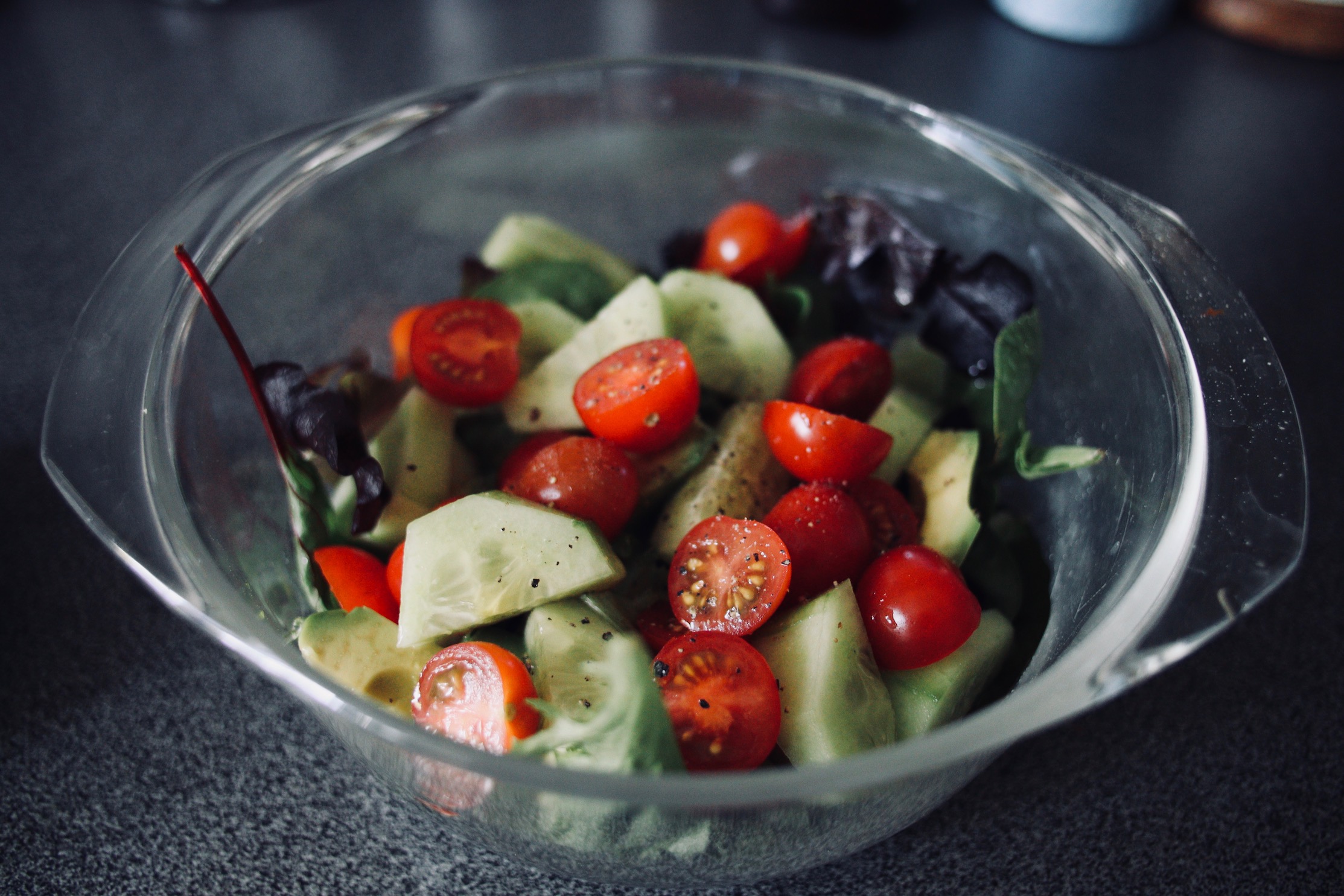 Fully raw option: Tomato, Cucumber & Mixed leaf salad