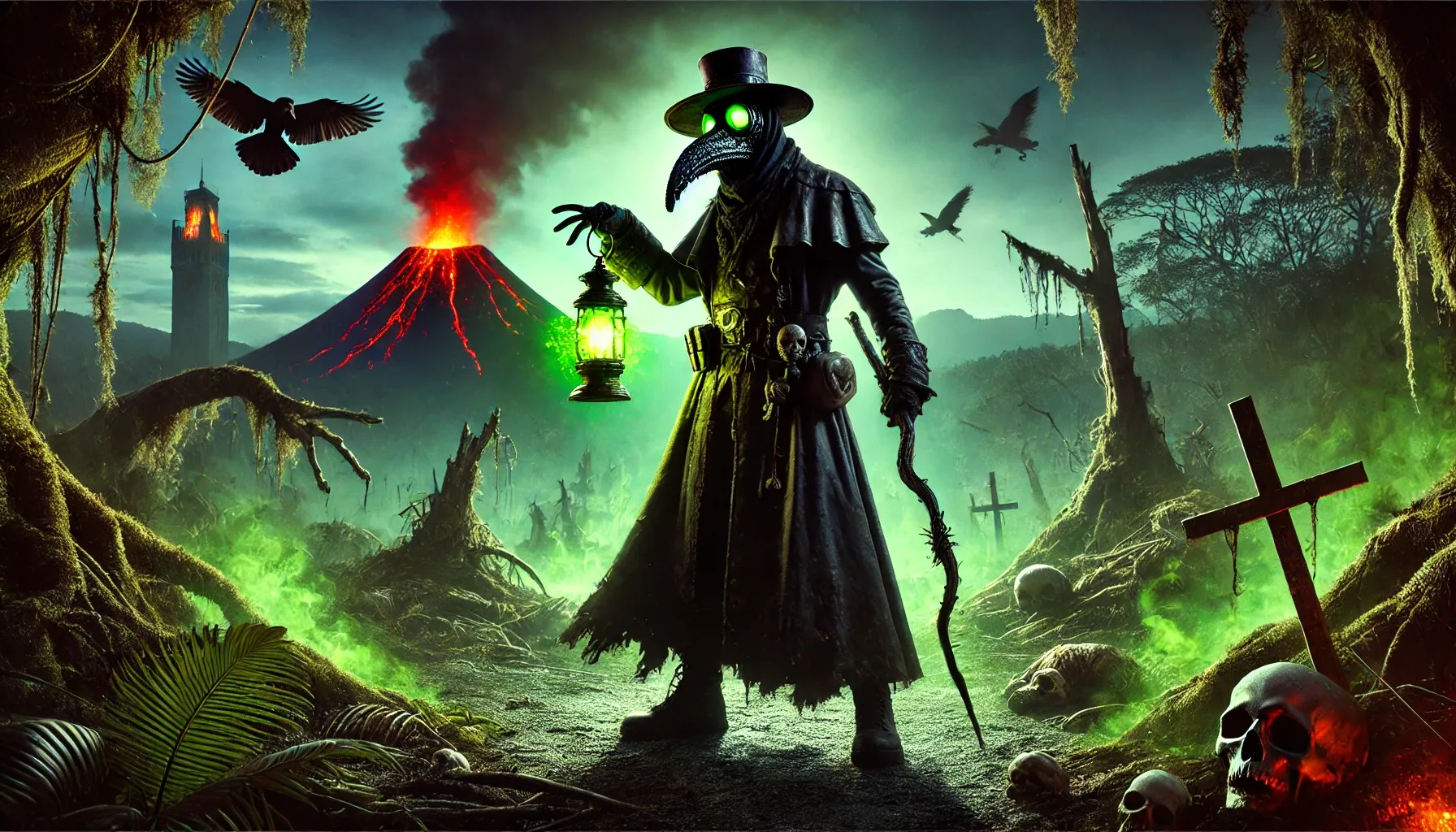 DALL·E 2025-09-11 13.53.53 - In a devastated jungle landscape, Alastair has fully transformed into Doctor Blight. He stands tall and menacing, now wearing his plague-doctor inspir.webp