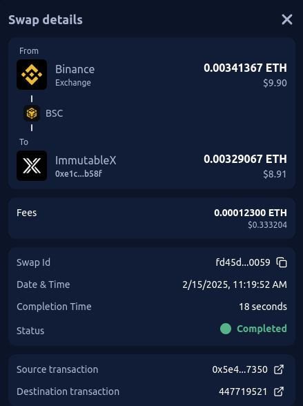 Swap confirmation screen on https://layerswap.io/app/transactions
