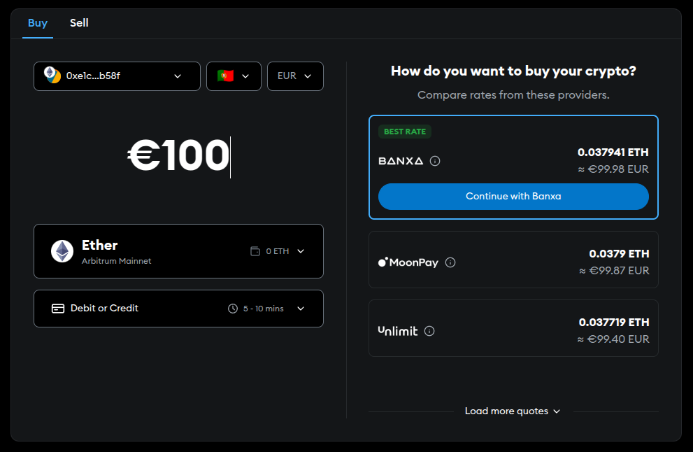 Screenshot of MetaMask options for buying ETH in Arbitrum with a card, using 1 of 3 possible payment providers