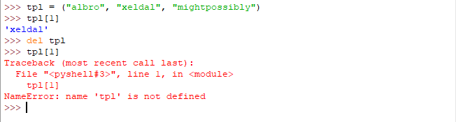 Checking tuple deletion in Python with the del statement