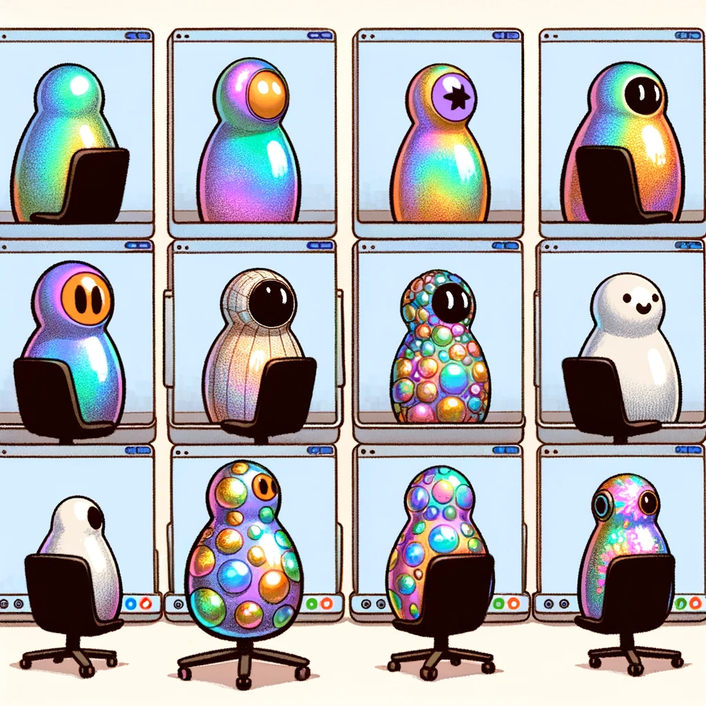 DALL·E 2024-01-30 15.58.19 2 of 2 - A whimsical, cartoon-style illustration of a group of iridescent figures participating in a Zoom call. The figures are of various shapes and sizes, ea.png