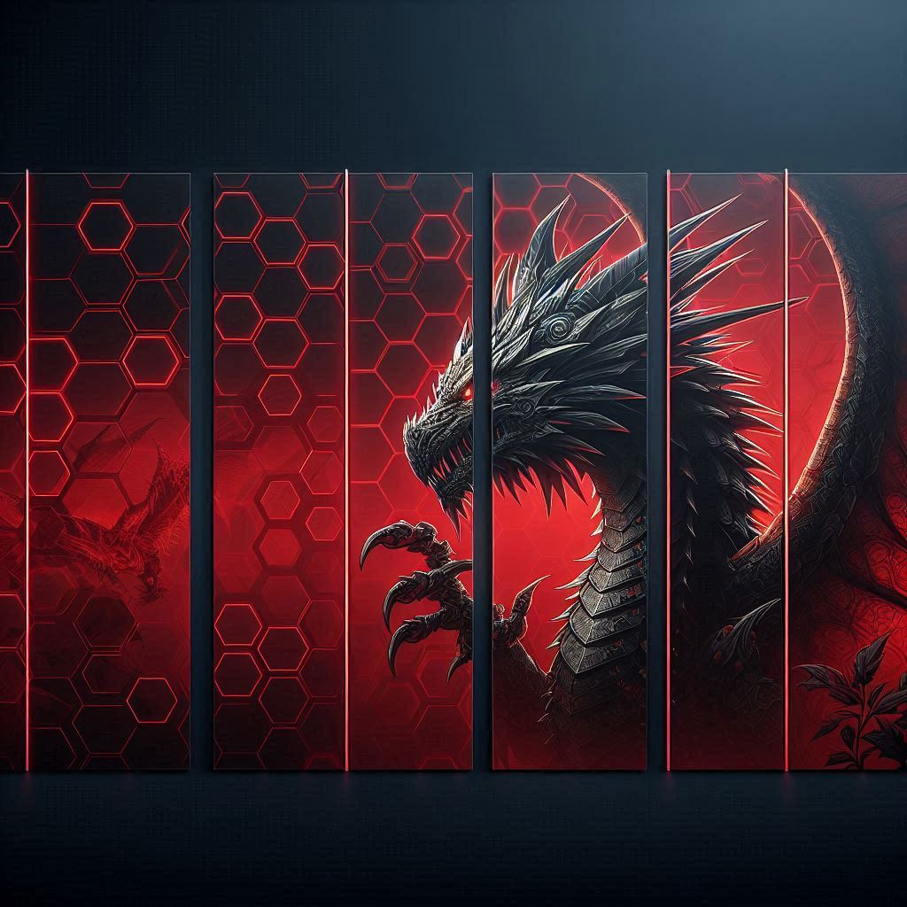 a sleek page divider in a Hive Gaming theme with a dragon outlined in red in the background, realistic, stretched and slimmed down in the Y-axis.png