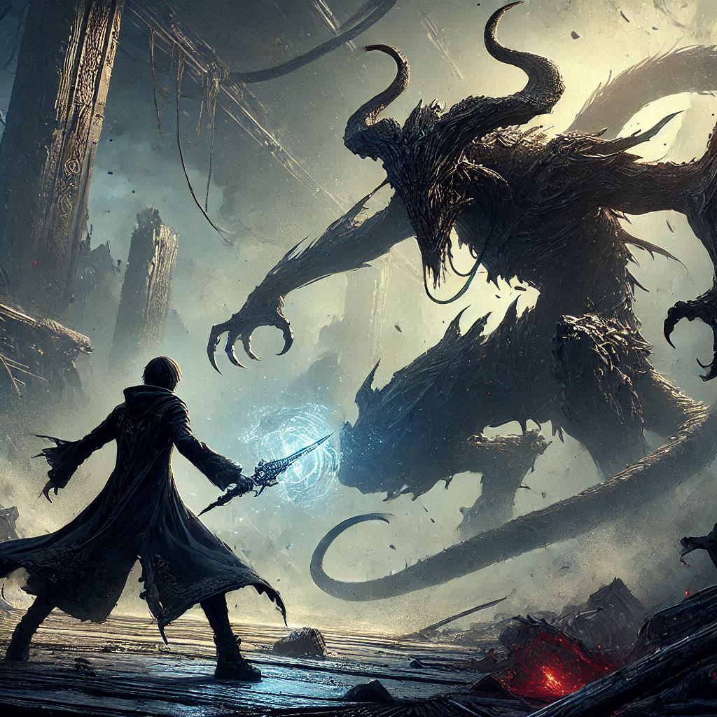 A Dark Summoner in a 1 v 1 battle with an ancient beast, set in a dystopian future with a post-apocalyptic world.png