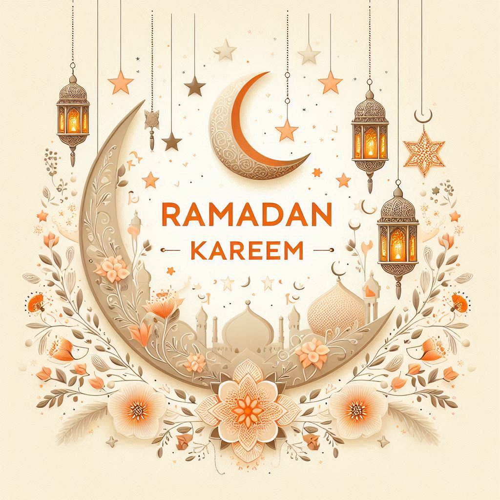 Ramadan greeting card with a light beige background, delicate floral patterns, orange lanterns, stars, and a crescent moon hanging from the top, with the text RAMADAN KAREEM prominently displayed in orange.png