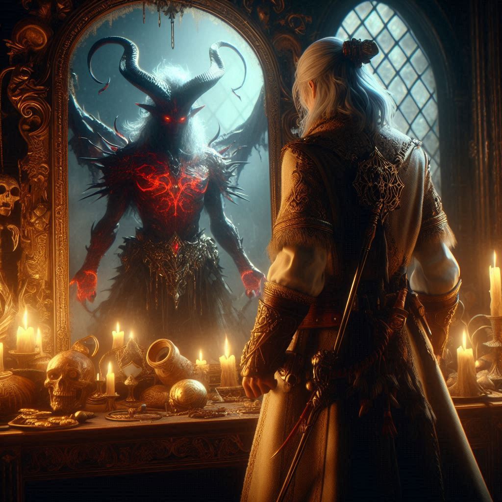 A summoner standing in front of a mirror with a demons figure as the reflection.png