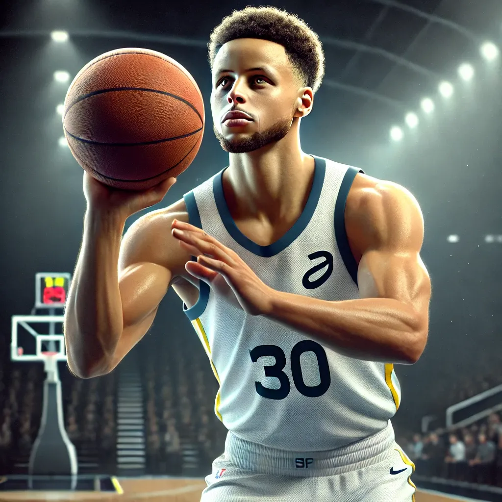 DALL·E 2025-03-16 00.20.19 - A professional basketball player resembling Steph Curry, wearing a blank jersey with no logos or text, taking a jump shot on a basketball court. The p.webp