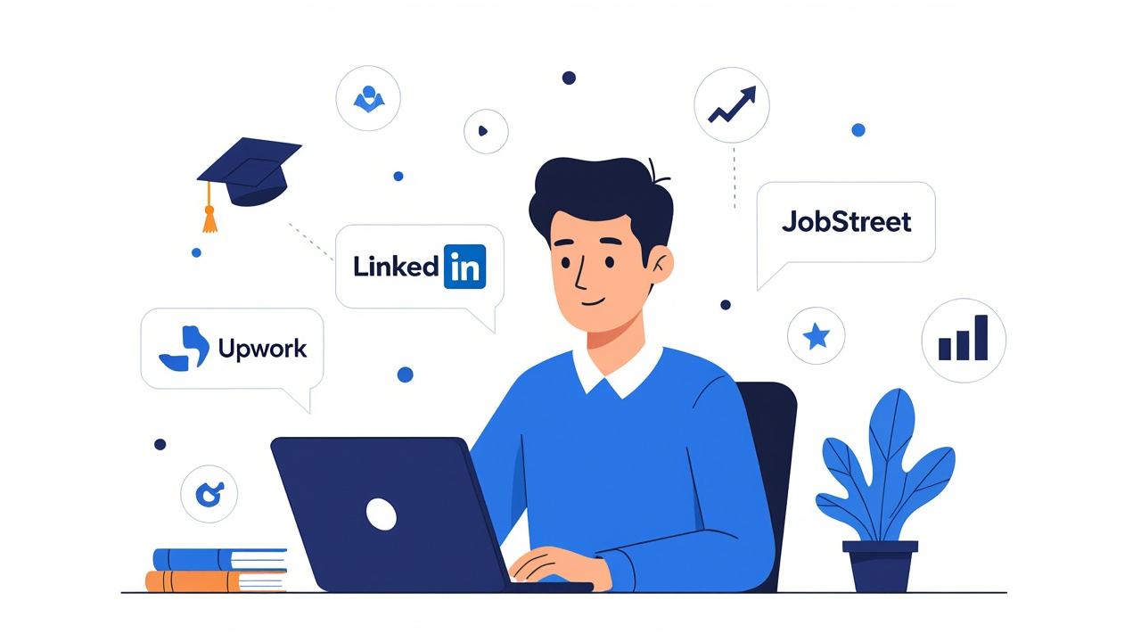 a fresh graduate sitting in front of a laptop, surrounded by job application platforms (like LinkedIn, Upwork, JobStreet), with a hopeful yet tired expression.png
