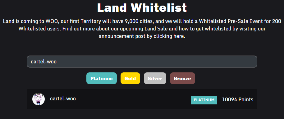Our account @cartel-woo is whitelisted in the Platinum tier!
