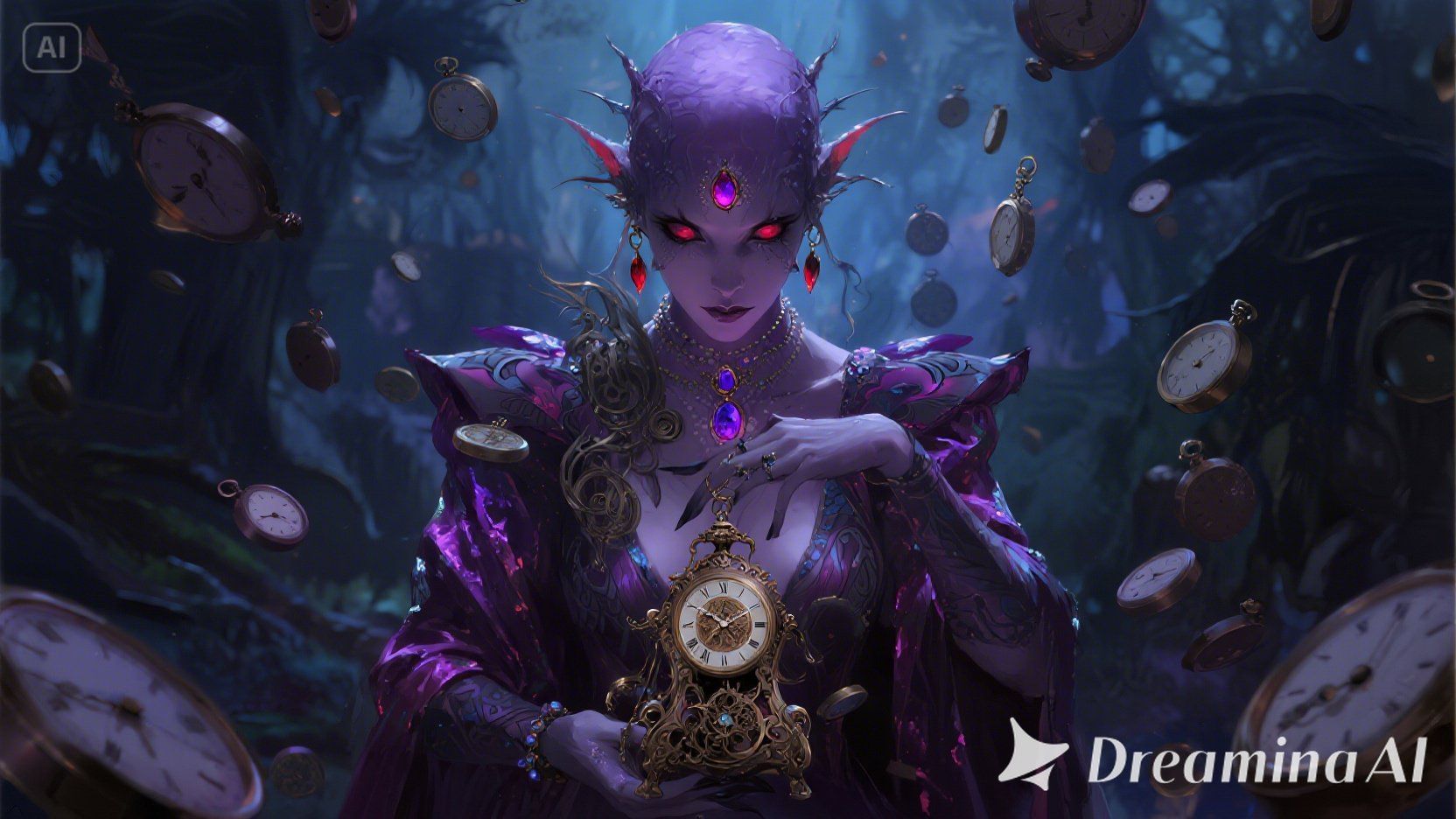 dreamina-2025-07-24-5425-Purple female alien with an antique cloc....jpeg