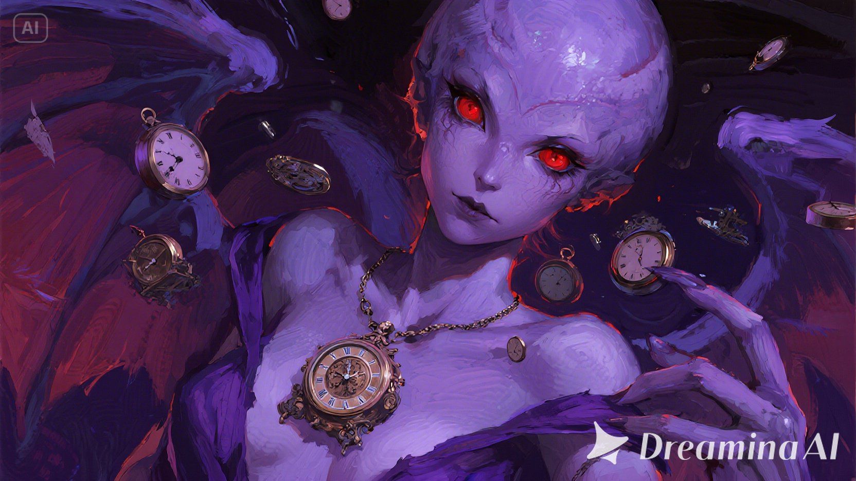 dreamina-2025-07-24-3791-Purple female alien with an antique cloc....jpeg