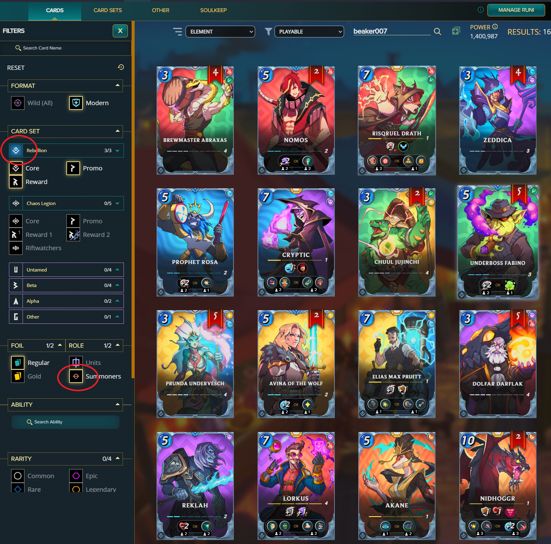 Filter on summoners and in this case on rebellion