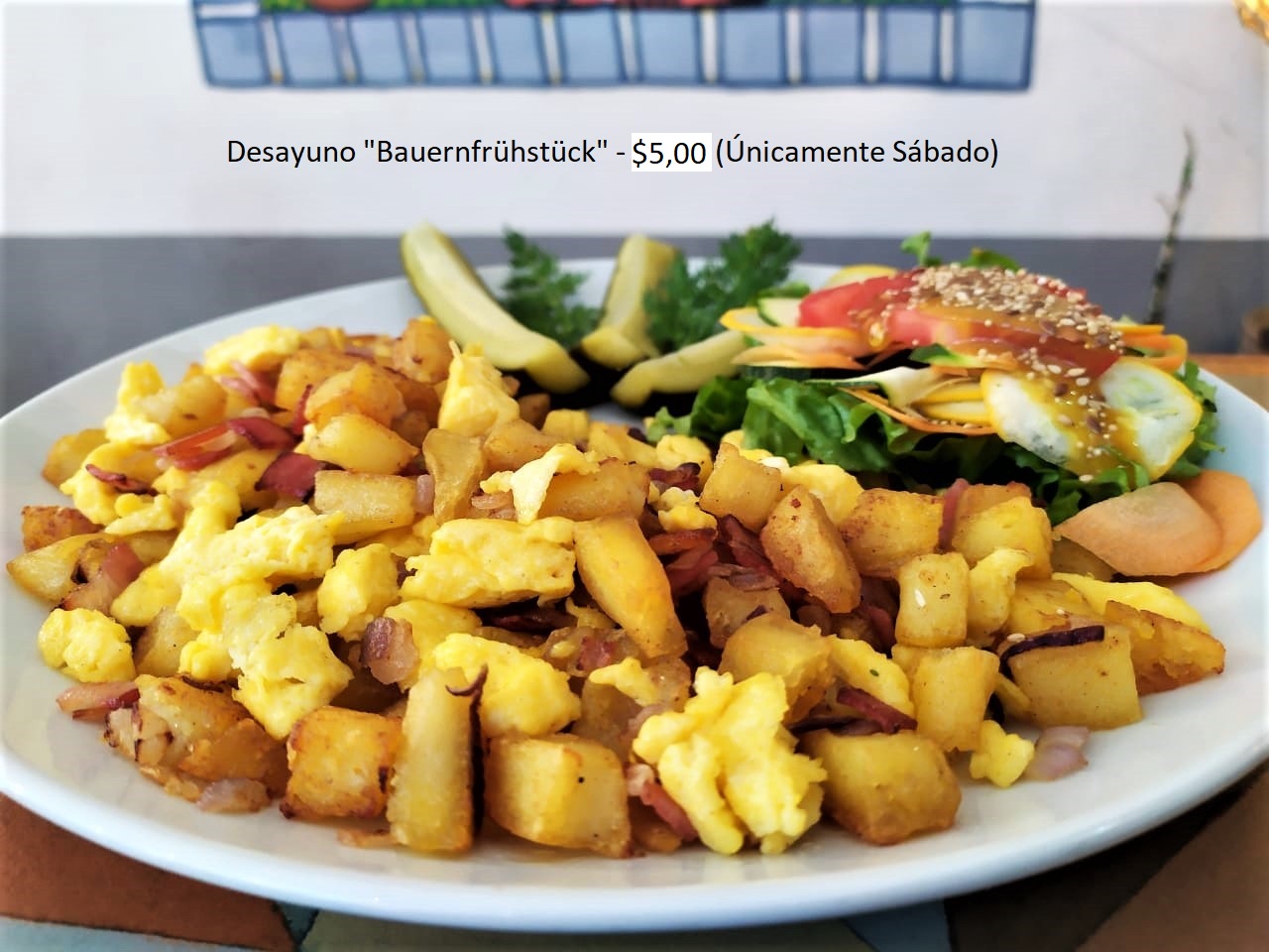 I originally created the dish for the restaurant, and couldn't find the original picture anymore. So, here's the promo-pic from 4 years back. The 5$ breakfast includes a juice and a coffee.
