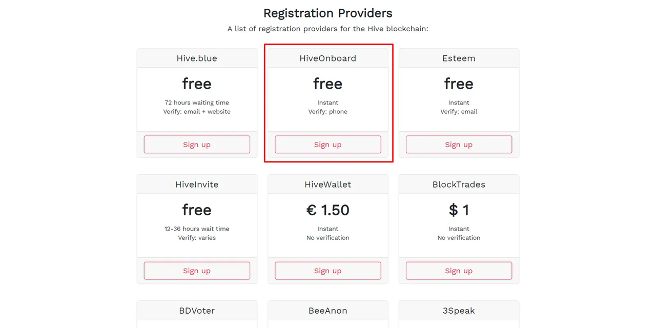 Capture d’écran d’un service de création de compte Hive, montrant les options disponibles pour les nouveaux utilisateurs.