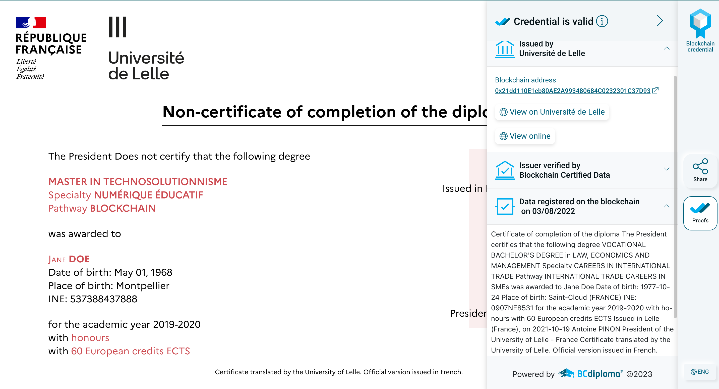 Exemple du faux certificat que l&#39;on peut générer avec le site du PoC