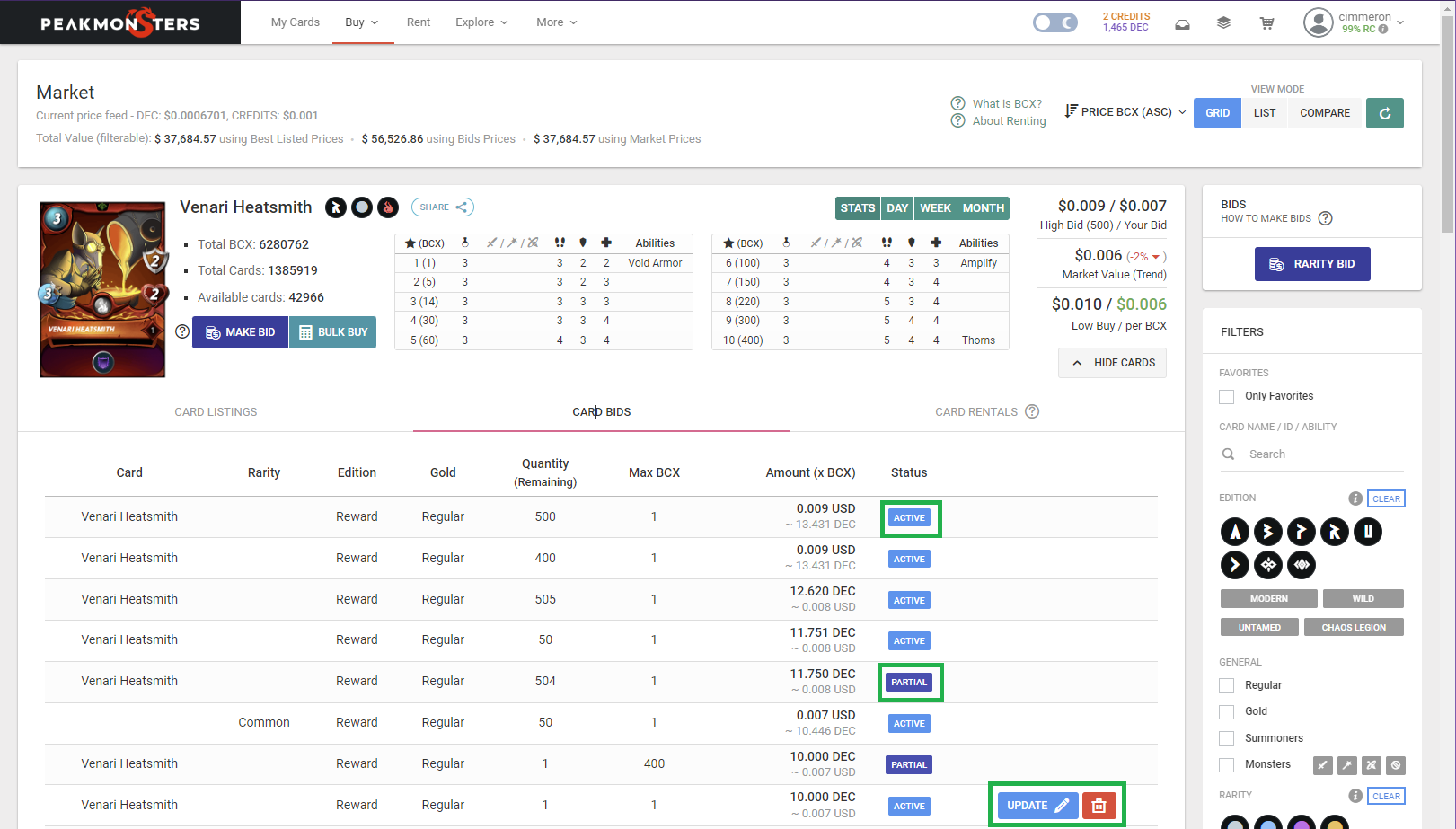 Buy Grid / List Card Bids
