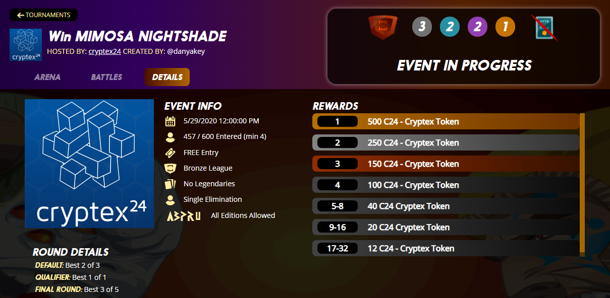 im…
Payout: 0.000 HBDThe cooperation post | Leo feat Cryptex24
2020-06-03 20:01Hello, Leofinance community! We would like to say Hi from the development team of @cryptex24 exchange! https://images.hive.blog/0x0/https://images.hive.blog/DQmXJhzYgE8dXymaDy4cTr…
Payout: 0.000 HBDFirst C24 sponsored Mimosa Nightshade tournament completed
2020-05-29 11:18![image.png