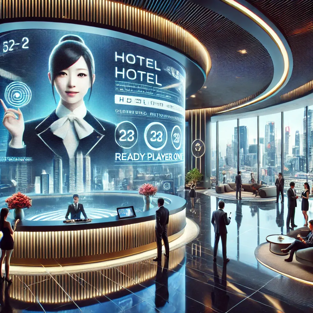 DALL·E 2024-09-27 14.31.00 - A futuristic hotel lobby with sleek, modern design and minimalist aesthetic. The lobby features a large, curved screen displaying a virtual receptioni.webp