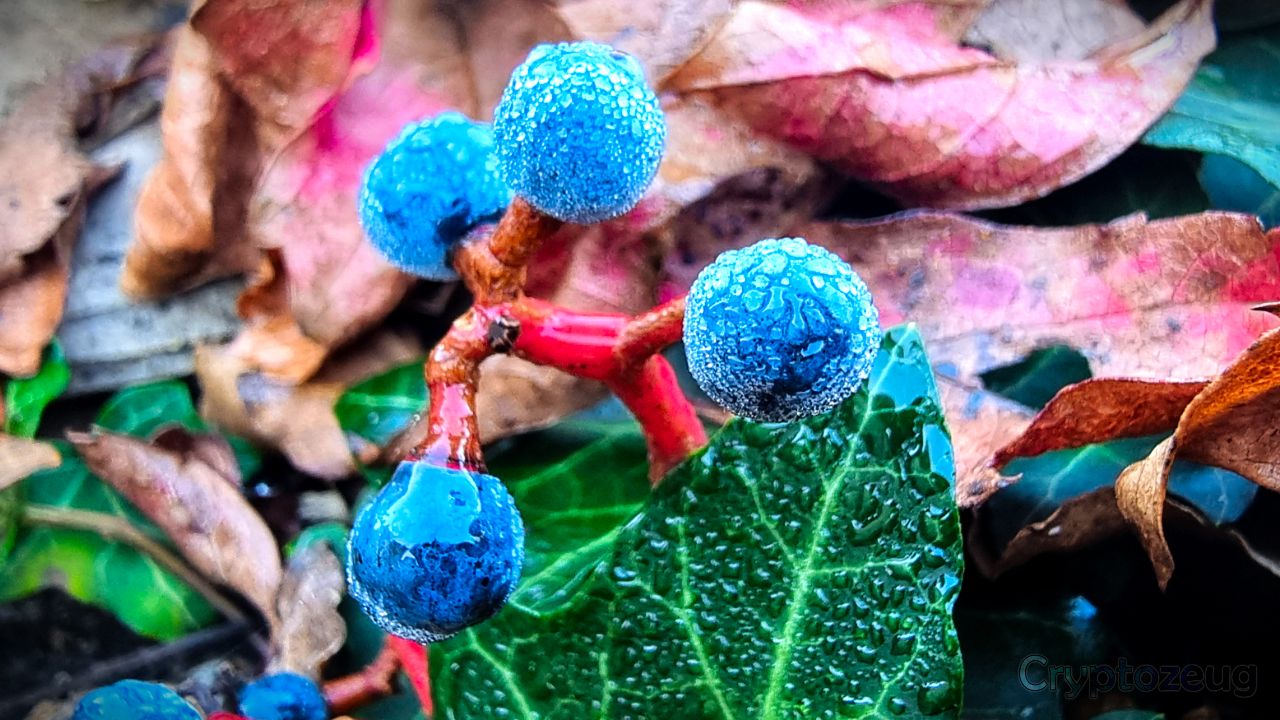 Blue fruits, red stems, green, red and orange leaves