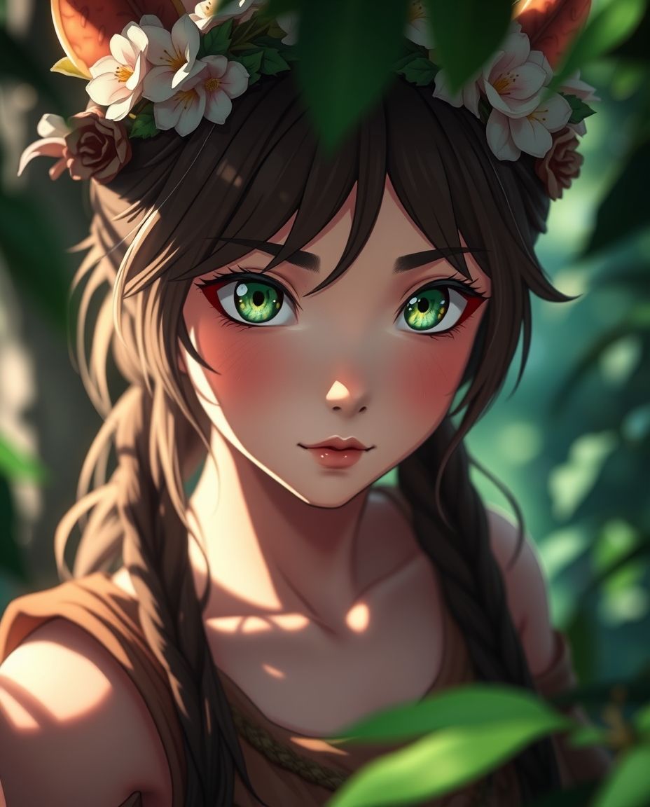 A close-up cinematic keyframe of a nymph with striking green eyes wearing an earth-toned tunic and floral wreath. Gentle soft light, diffused shadows, subtle illumination. Lush forest foliage, stylized anime reali.jpg