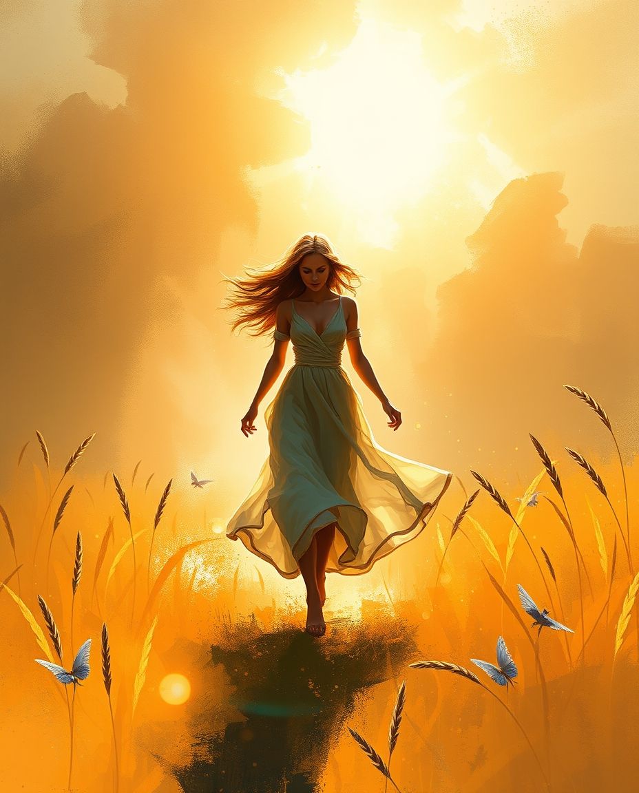 A dynamic digital sketch of a beautiful woman walking through a sunlit field, golden sparkles trailing behind her.  Warm golden glow, complementary epic colors, misty atmosphere, loose painterly strokes. Focus on r.jpg