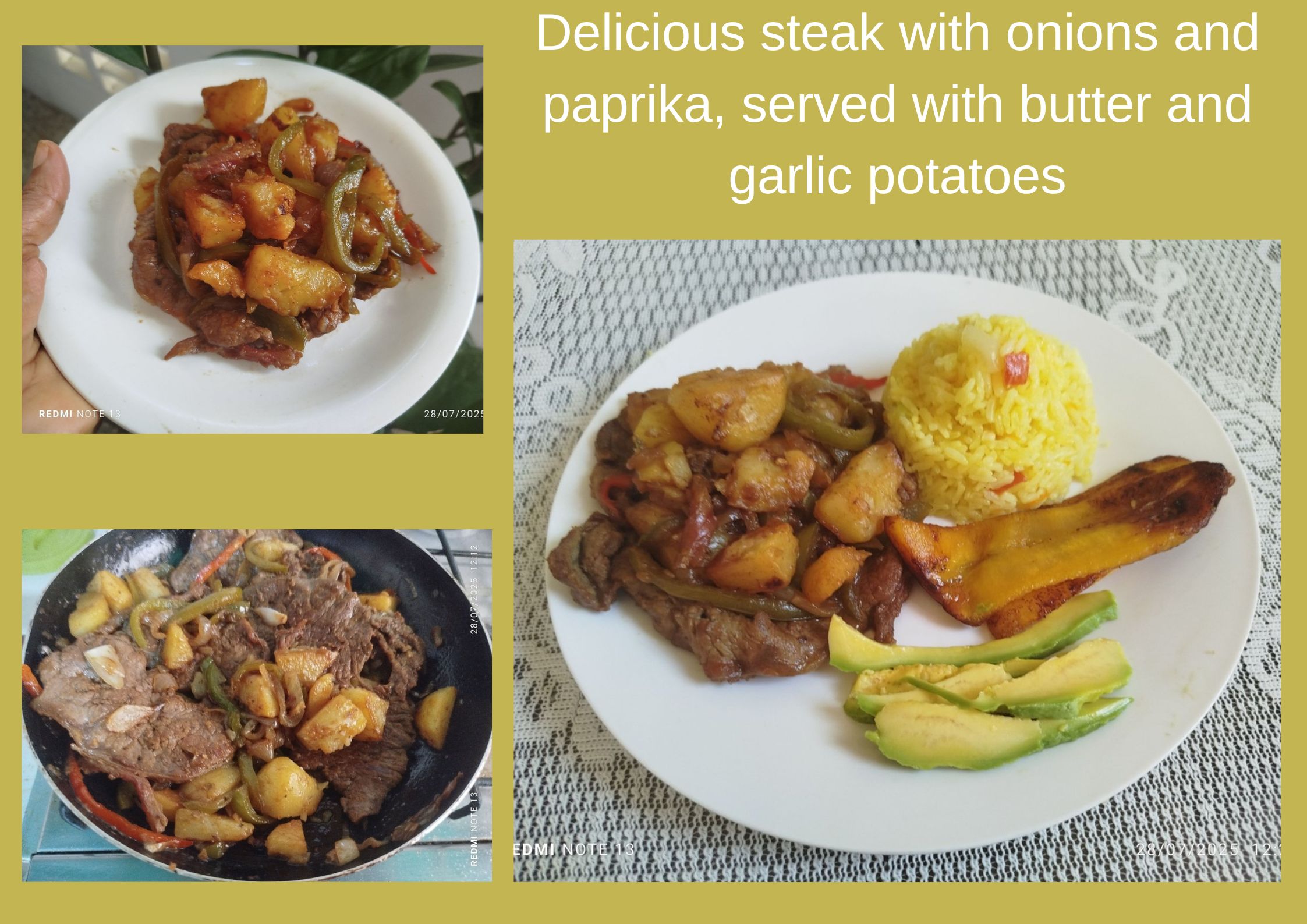 Delicious steak with onions and paprika, served with butter and garlic potatoes// (Esp/Eng)