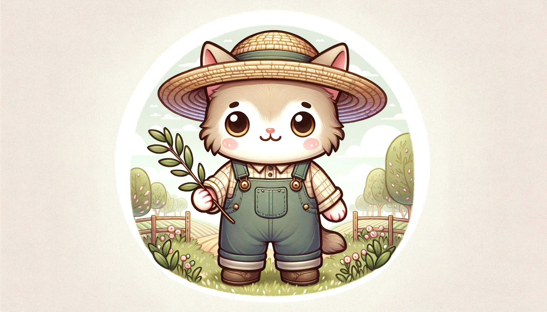 DALLΒ·E 2023-12-23 21.13.17 - An anthropomorphic farmer cat holding an olive branch, designed in a kawaii style with softer lines and a more endearing appearance. The cat stands up.png