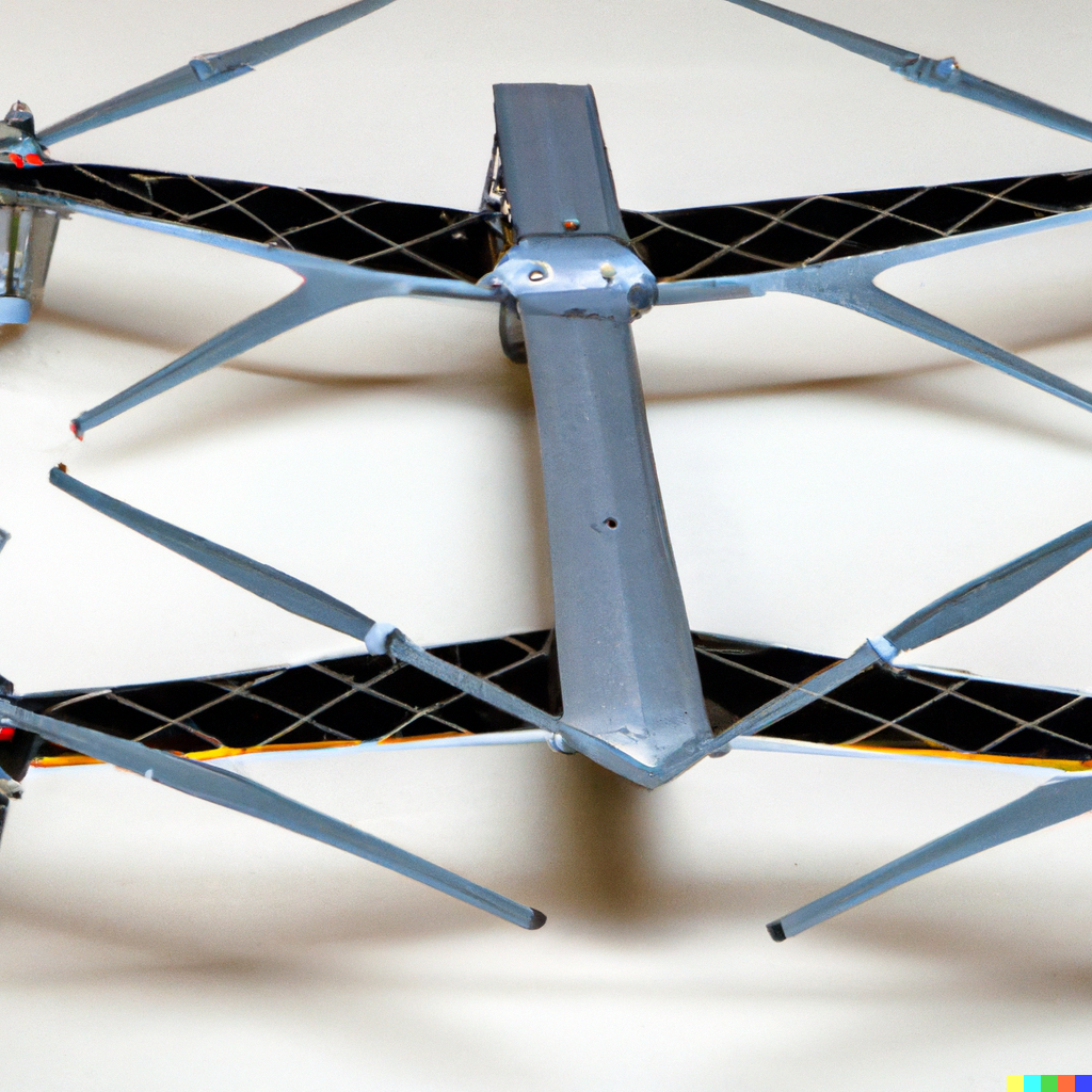 DALL·E 2023-03-03 23.57.18 - Killer drone quadrocopter witch pointy, 50 cm long, sword like, stainless steel spikes and a explosive package to hunt down human targets via AI and f.png