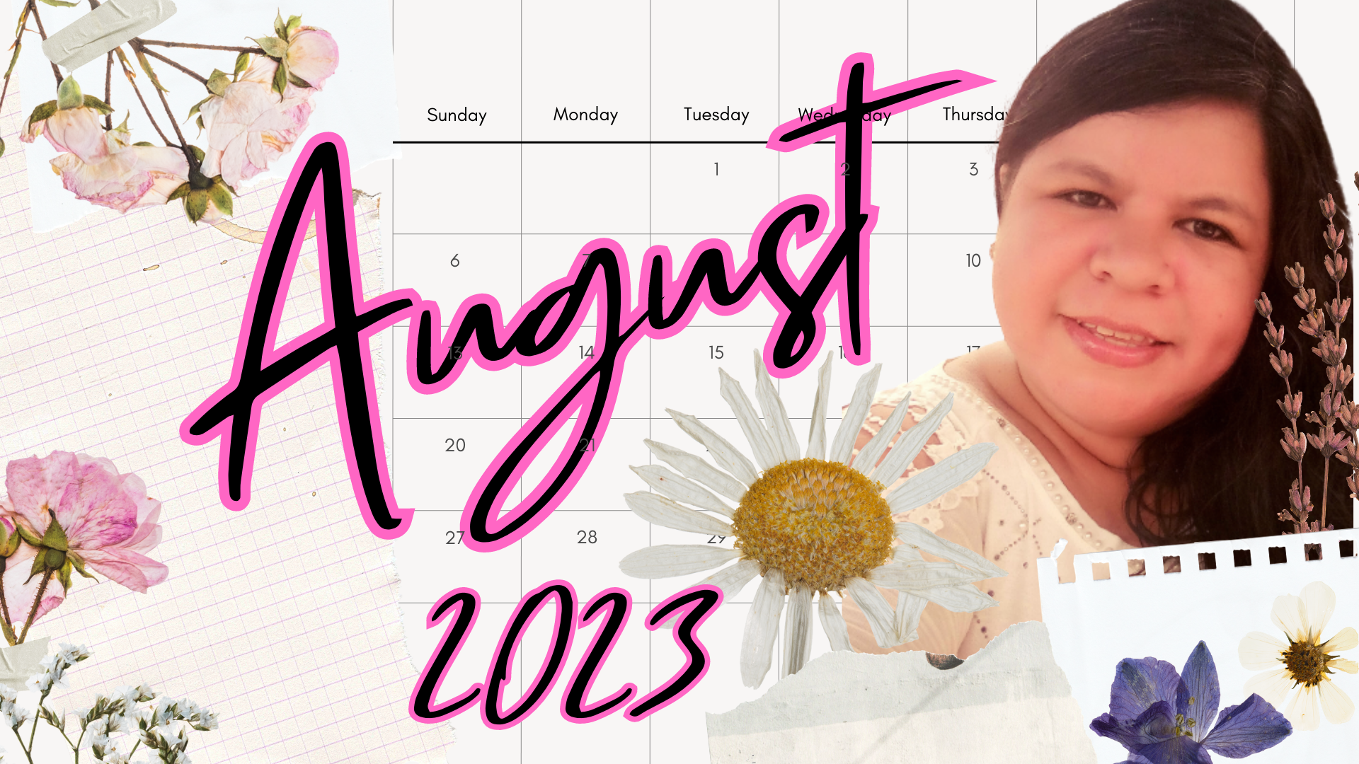 Beige Dried Pressed Flowers August 2023 Monthly Calendar.png