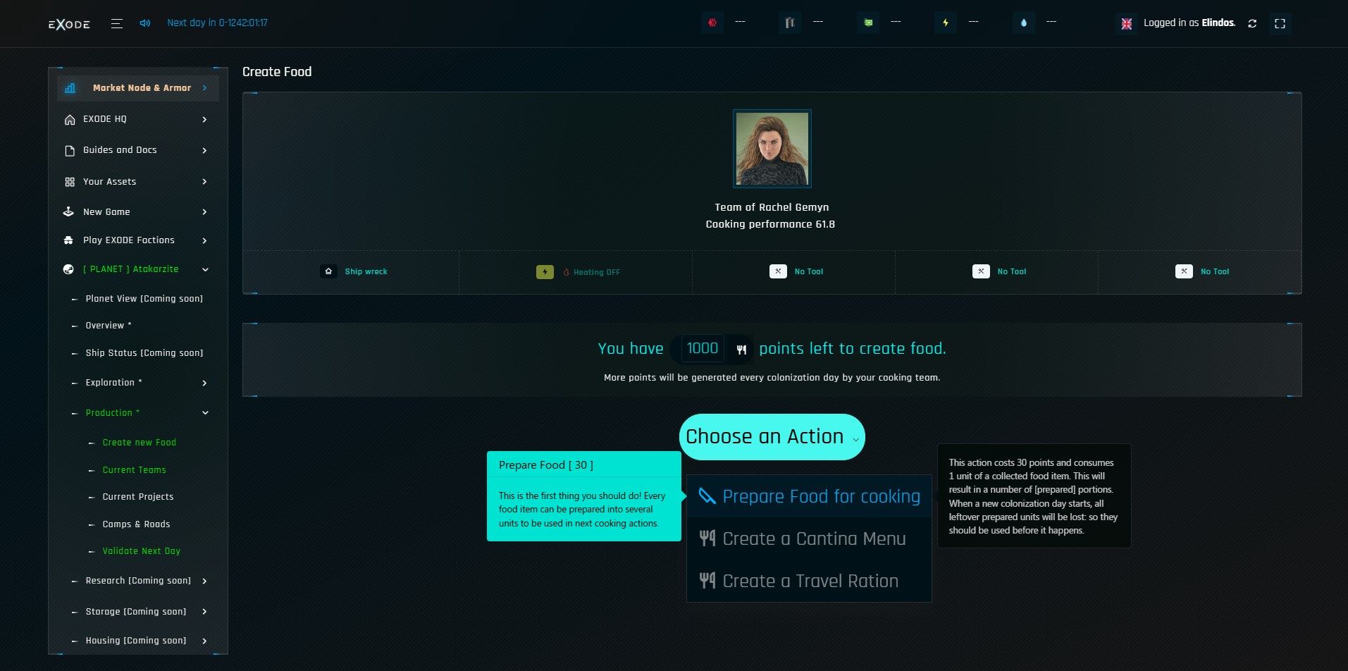 Some of our early crafting interface with a large "Choose an Action" button.