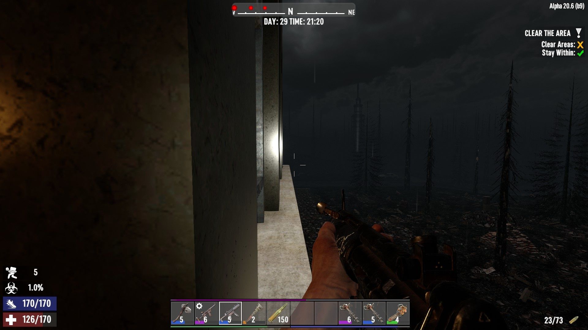 walking along a ledge to find a way back into the building Shotgun Messiah 7 Days To Die.jpg