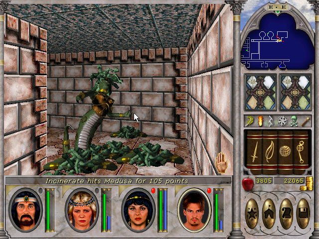 clearing out a hallway of medusa Temple Of The Snake Might And Magic VI.png