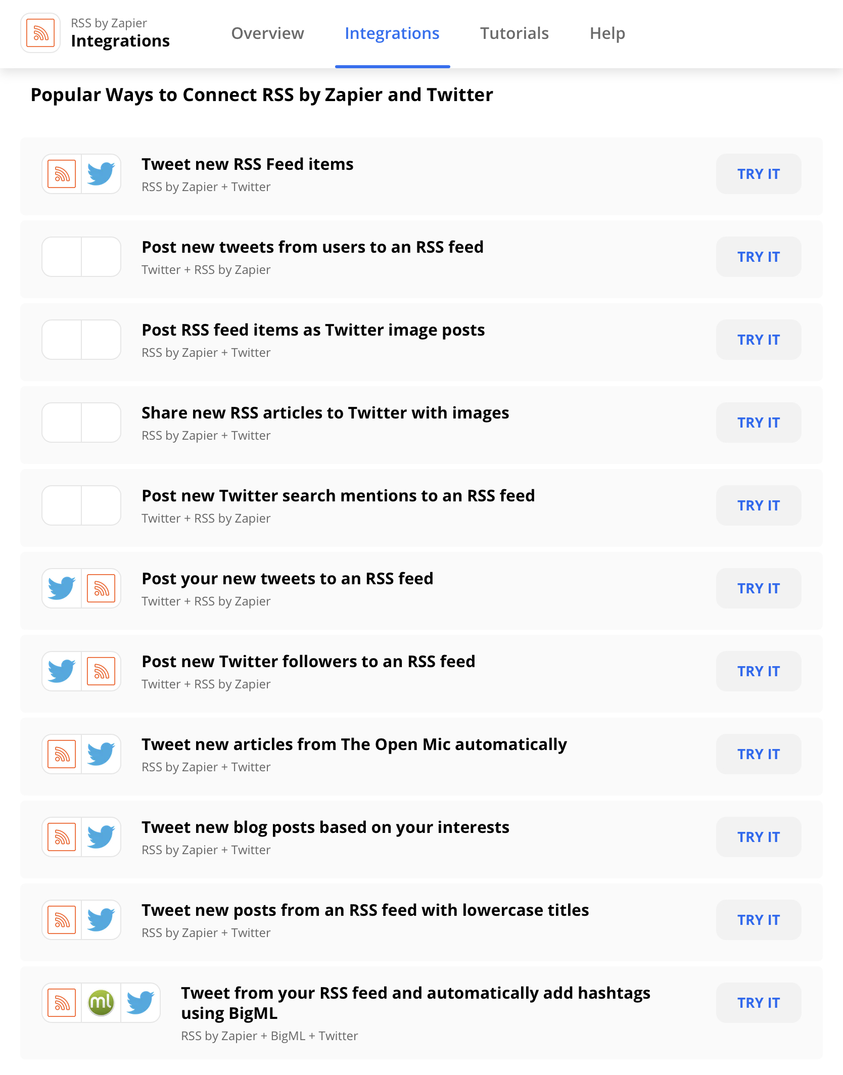 Different RSS & Twitter options available on Zapier