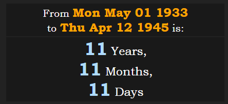 From Executive Order 6102 by Franklin D Roosevelt making owning Gold illegal in the USA taking effect to Roosevelts death are 11y 11m 11d 111111  33.PNG
