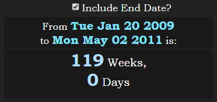 From Barack Obama first inauguration to Osama bin Laden death 119 weeks.PNG