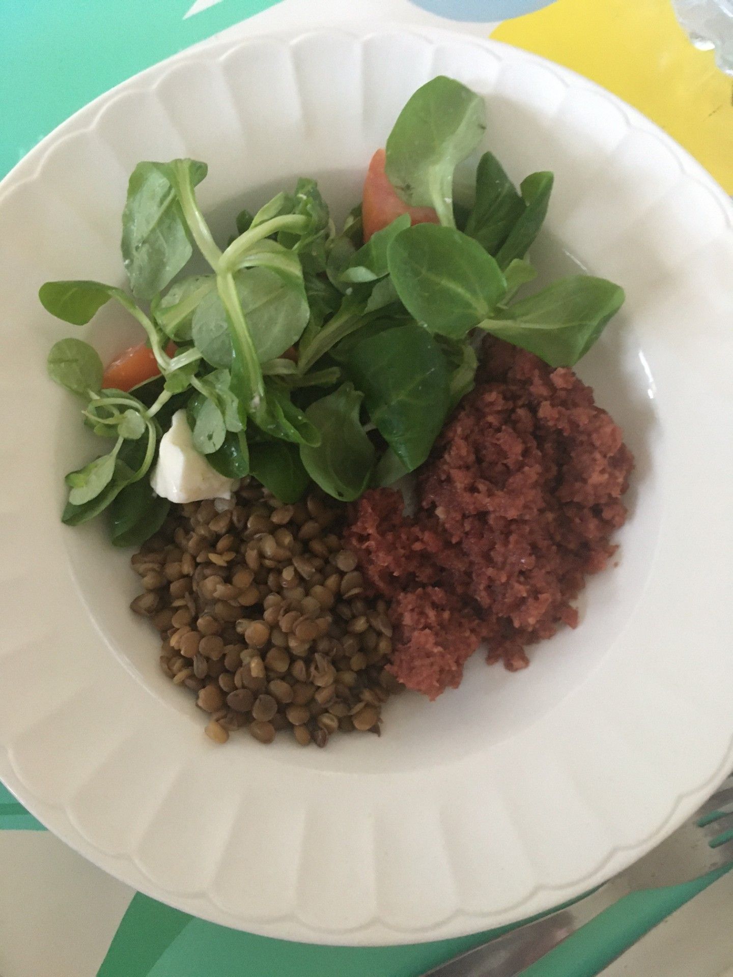 19aug25 corned beef lentilles salade mozza tomate olives poivre.jpg