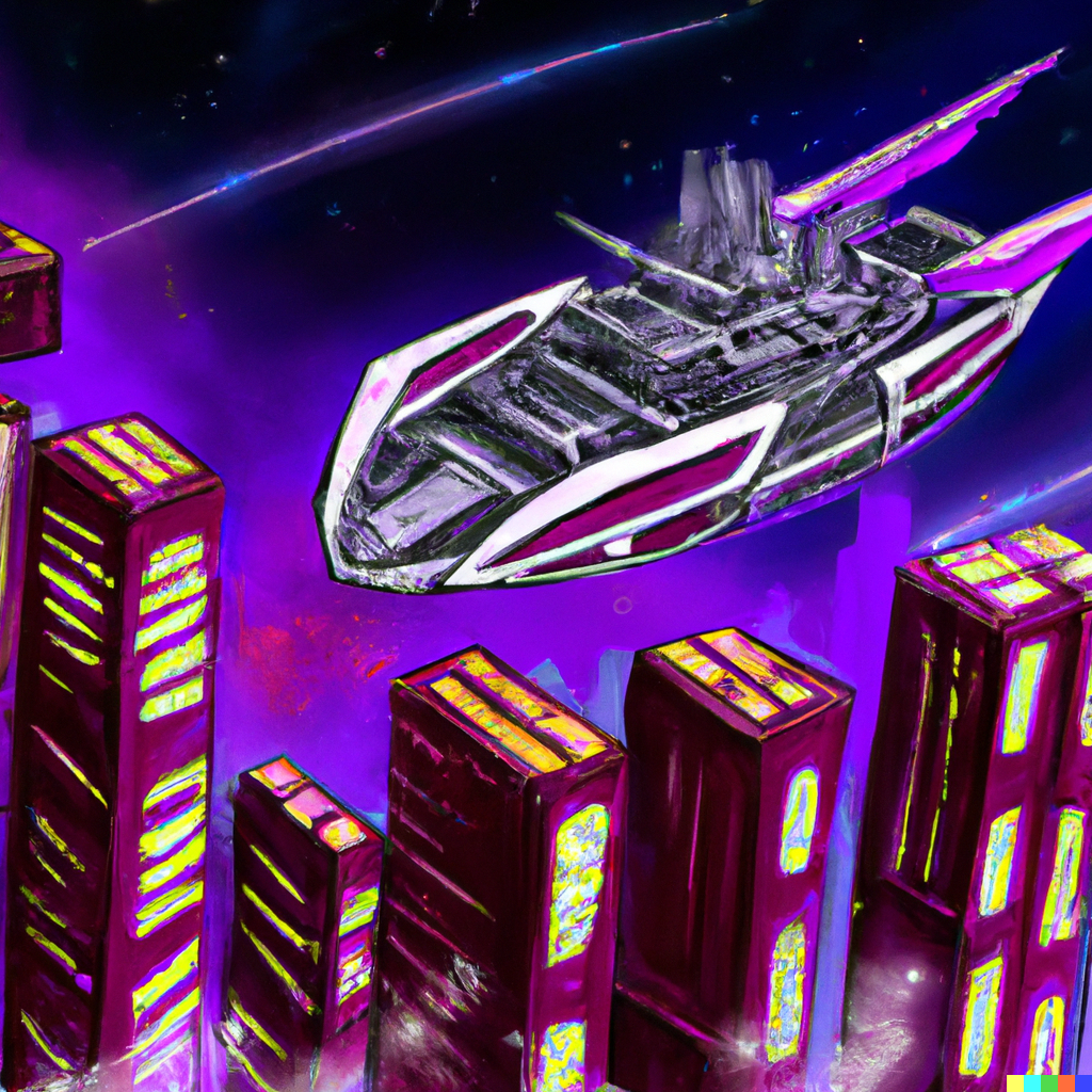 DALL·E 2023-02-25 21.45.36 - A giant generation ship flying through space, an entire city built into the ship to accommodate thousands of people, traversing the stars for centurie.png