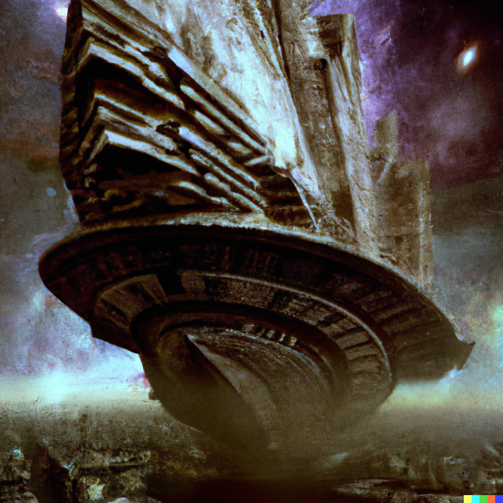 DALL·E 2023-02-25 21.45.28 - A giant generation ship flying through space, an entire city built into the ship to accommodate thousands of people, traversing the stars for centurie.png