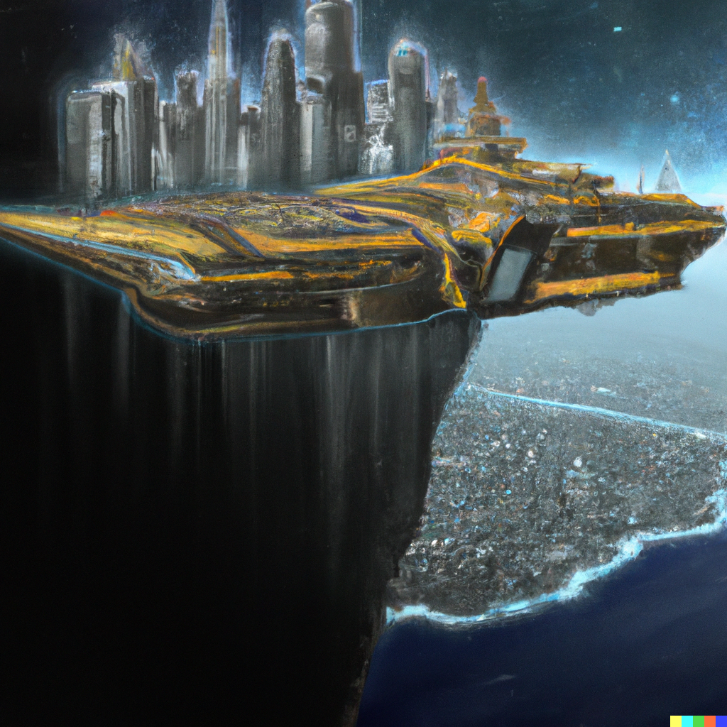 DALL·E 2023-02-25 21.45.47 - A giant generation ship flying through space, an entire city built into the ship to accommodate thousands of people, traversing the stars for centurie.png