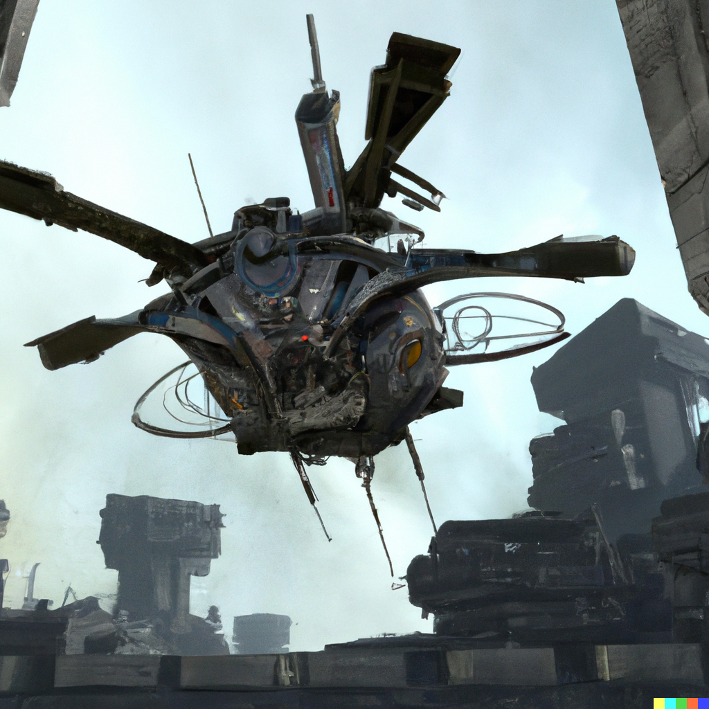 DALL·E 2023-02-25 21.43.45 - A futuristic hyperdesign helicopter, stealth helicopter, hyperdetailed, flying over a post-apocalyptic metropolis filled with collapsing futuristic b.png