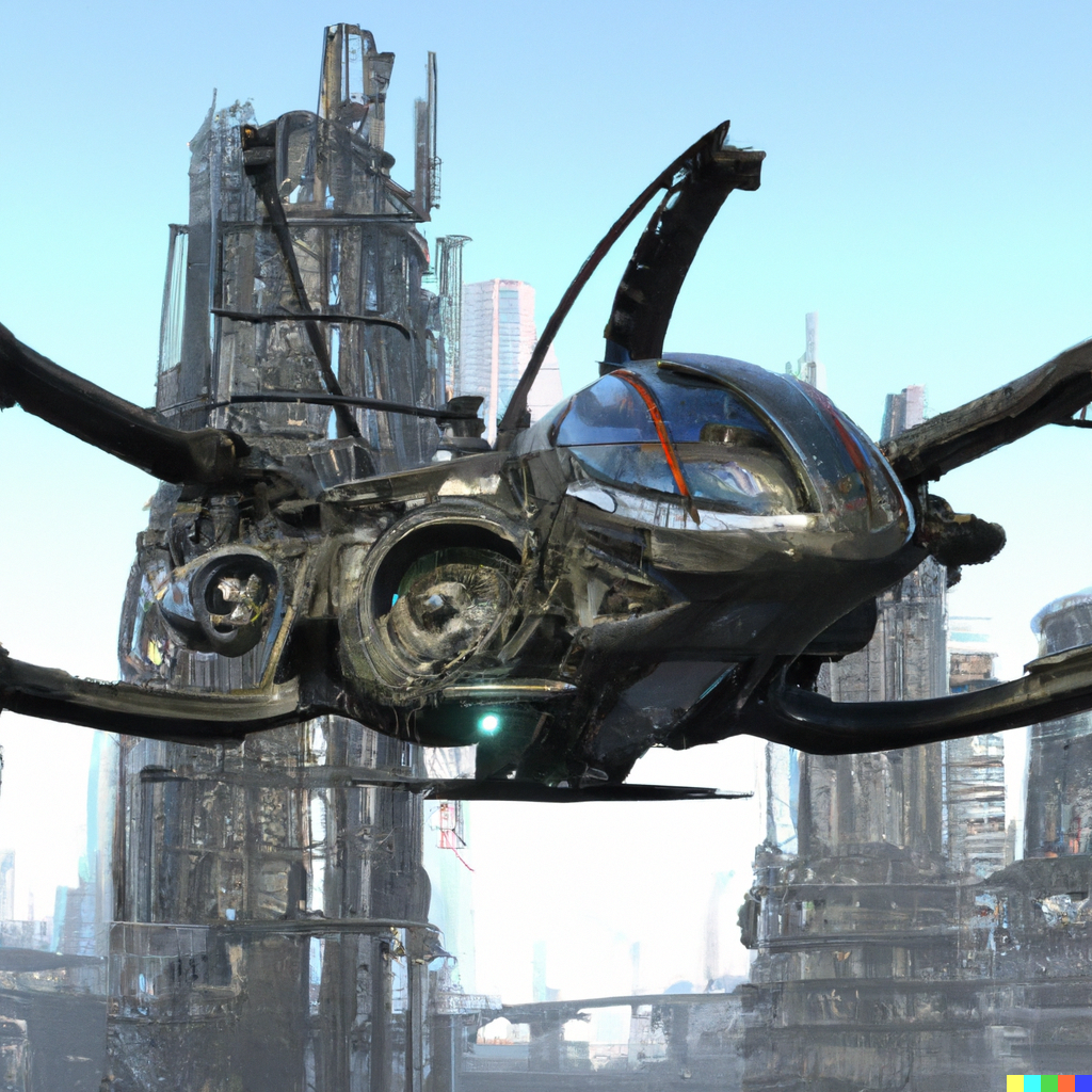 DALL·E 2023-02-25 21.43.51 - A futuristic hyperdesign helicopter, stealth helicopter, hyperdetailed, flying over a post-apocalyptic metropolis filled with collapsing futuristic b.png