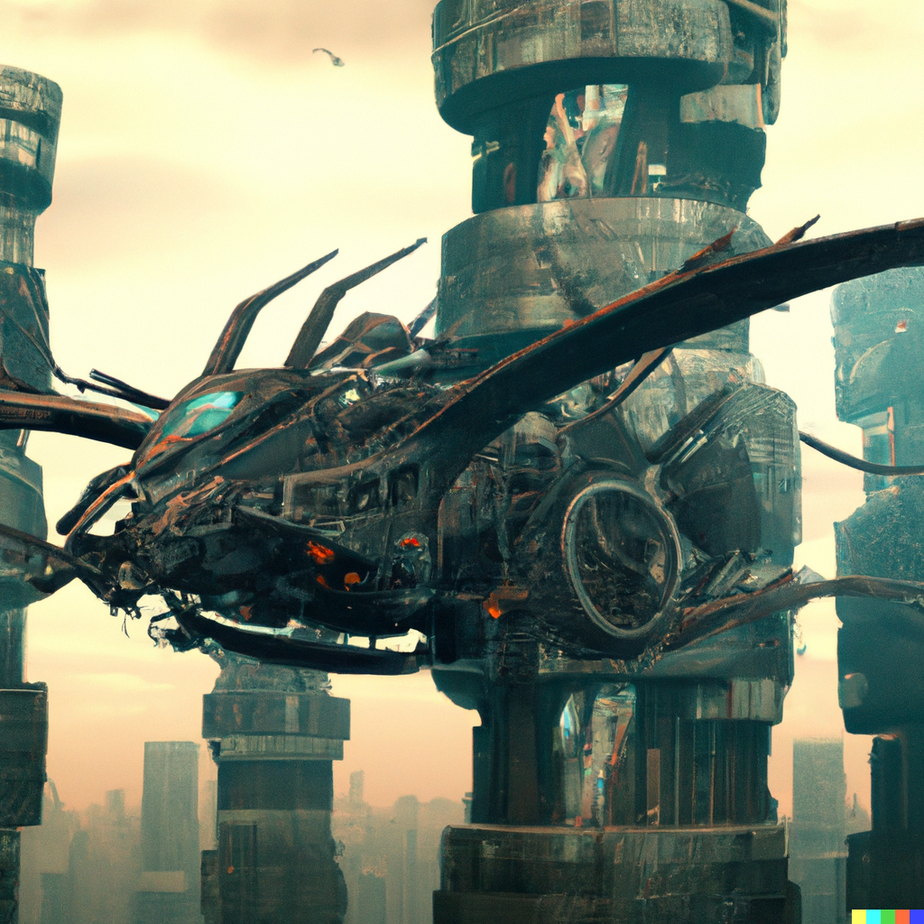 DALL·E 2023-02-25 21.43.38 - A futuristic hyperdesign helicopter, stealth helicopter, hyperdetailed, flying over a post-apocalyptic metropolis filled with collapsing futuristic b.png