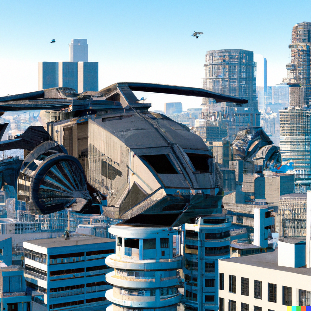 DALL·E 2023-02-25 21.43.56 - A futuristic hyperdesign helicopter, stealth helicopter, hyperdetailed, flying over a post-apocalyptic metropolis filled with collapsing futuristic b.png