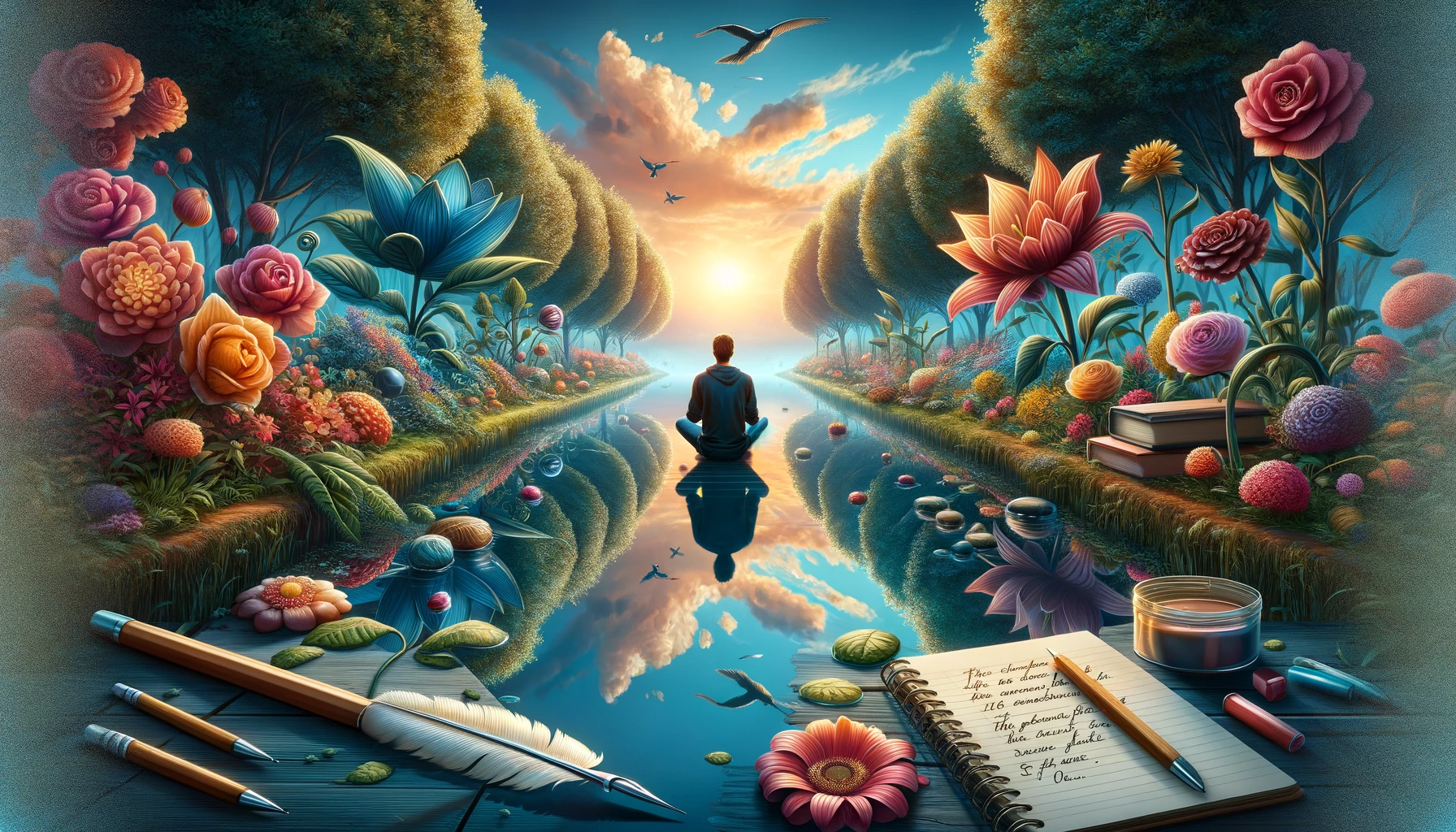 DALL·E 2024-02-21 11.20.32 - Create a highly detailed horizontal image of a person sitting in a serene garden, reflecting beside a tranquil pond that mirrors the sky. The garden b.png