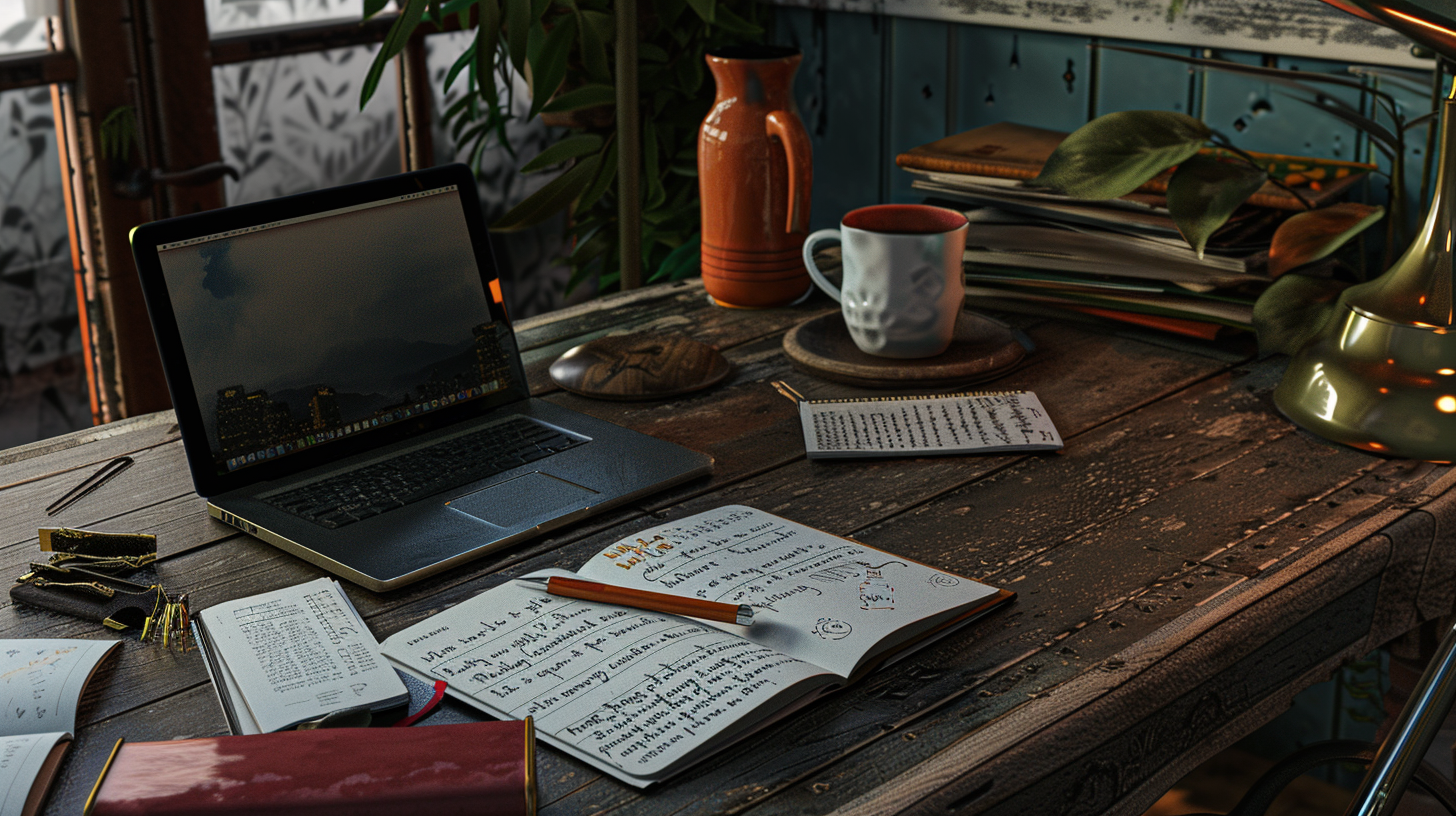 gregscloud1_A_photorealistic_image_of_a_writers_desk_with_a_lap_b1e0b1a7-b463-4c96-8ea5-276435efb7d8.png